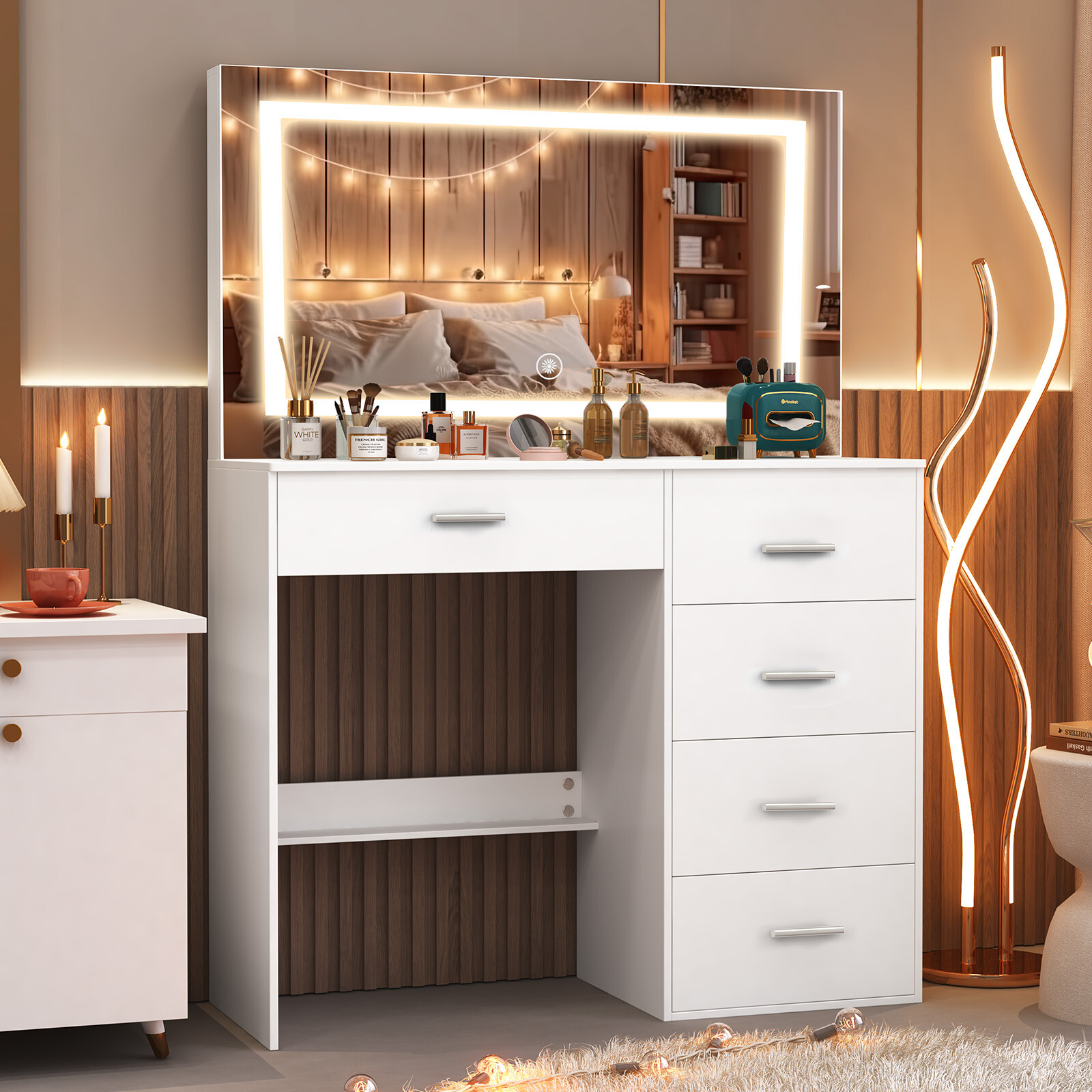 طاولة تجميل بيضاء عصرية مع مرآ - مراجعة Office Furniture Now وسعره